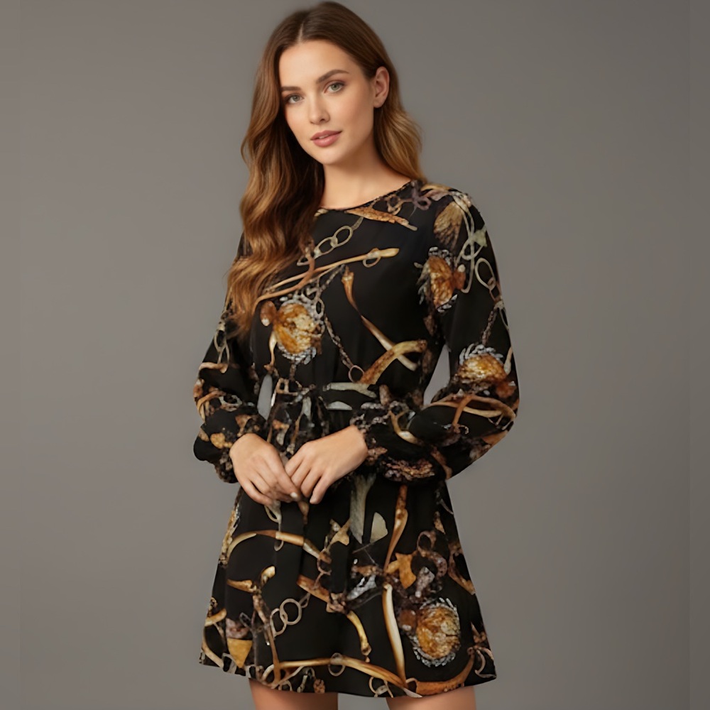 Bishop Sleeve Chain Print Belted Dress - Picture 1 of 9